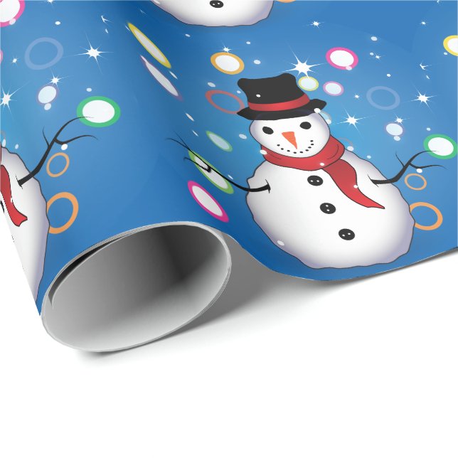 Papier Cadeau Fun Snowman souriant Joyeux Noël sur BLUE (Coin rond)
