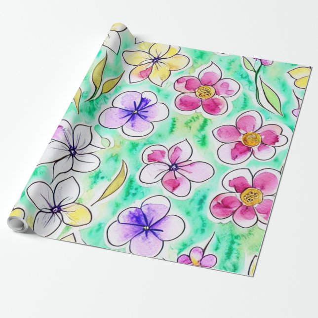 Papier Cadeau Funky Boho Art Nouveau Floral Aquarelle (Déroulé)