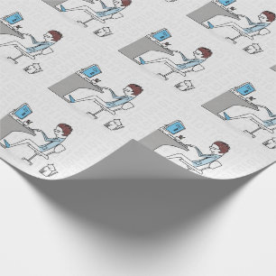 Papier Cadeau Funny Blue et gris ordinateur Nerd avec chat