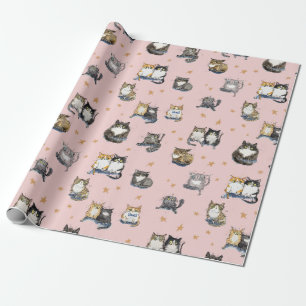 Papier Cadeau Funny Cats parmi les étoiles sur chat rose