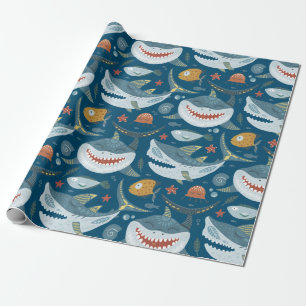 Papier Cadeau Funny Happy Shark Blue Ocean Animal Motif