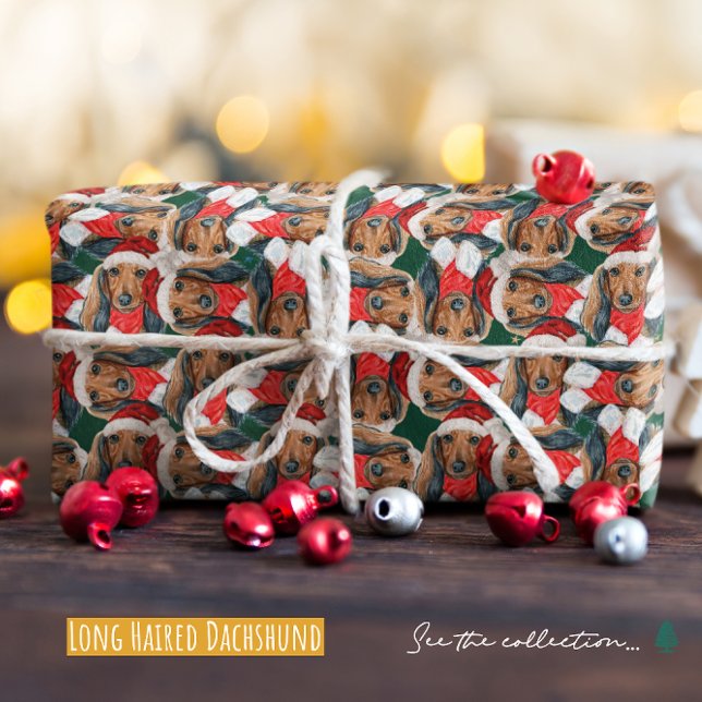 Papier Cadeau Funny Long Haired Dachshund Motif de Noël (Créateur téléchargé)