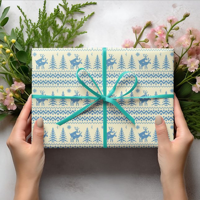 Papier Cadeau Funny Reindeer Christmas Tree Snow Blue Pattern (Créateur téléchargé)