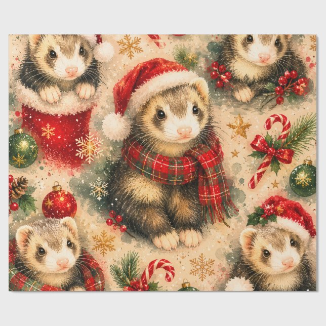 Papier Cadeau Furet de fête dans un emballage de Noël avec échar (Plat)