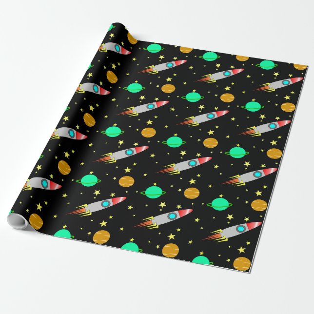 Papier Cadeau Fusées, astéroïdes et planètes dans l'espace (Déroulé)