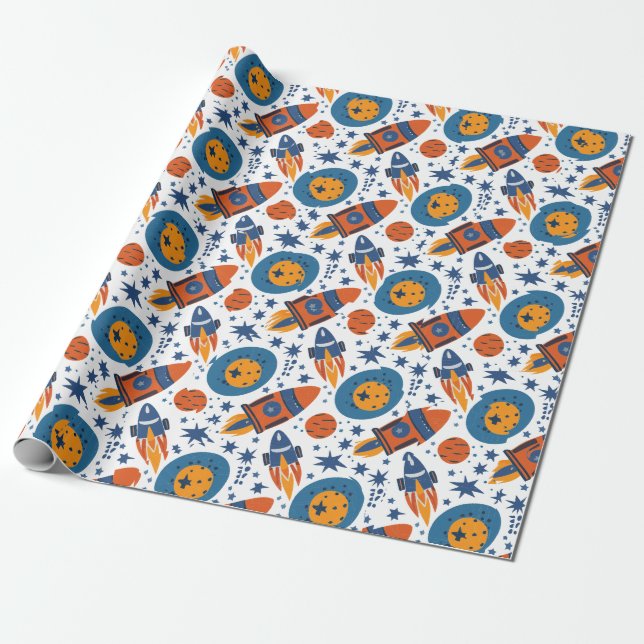 Papier Cadeau Fusées Étoiles et Planètes Orange et Bleu (Déroulé)
