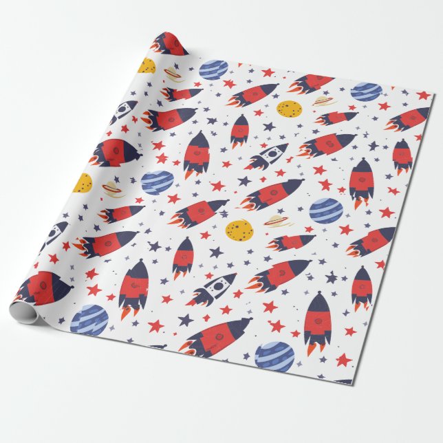 Papier Cadeau Fusées Rouges Étoiles et Planètes  (Déroulé)