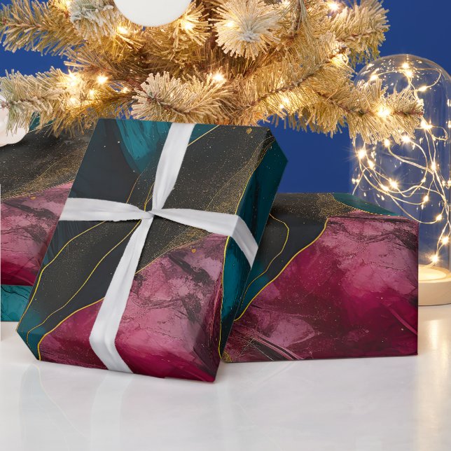 Papier Cadeau Fusion de marbre sarcelle et or de minuit (Vacances)