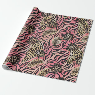 Papier Cadeau Fusion d'imprimés d'animaux rose - Motif sans cout