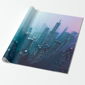 Papier Cadeau Future ville centre-ville avec gratte-ciel en cybe