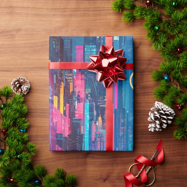 Papier Cadeau Futuristic Vibrant Neon Night Cityscape (Cadeau de vacances)