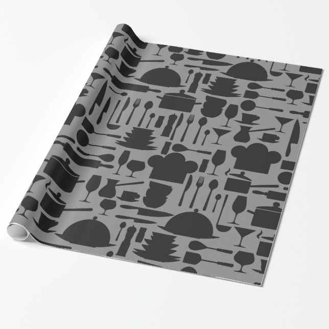 Papier Cadeau Gadget de cuisine noir et gris Imprimer (Déroulé)