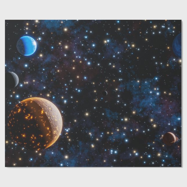 Papier Cadeau Galaxie avec étoiles et planètes (Plat)