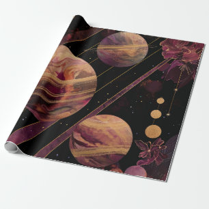 Papier Cadeau Galaxie d'Améthyste Planète Or Céleste