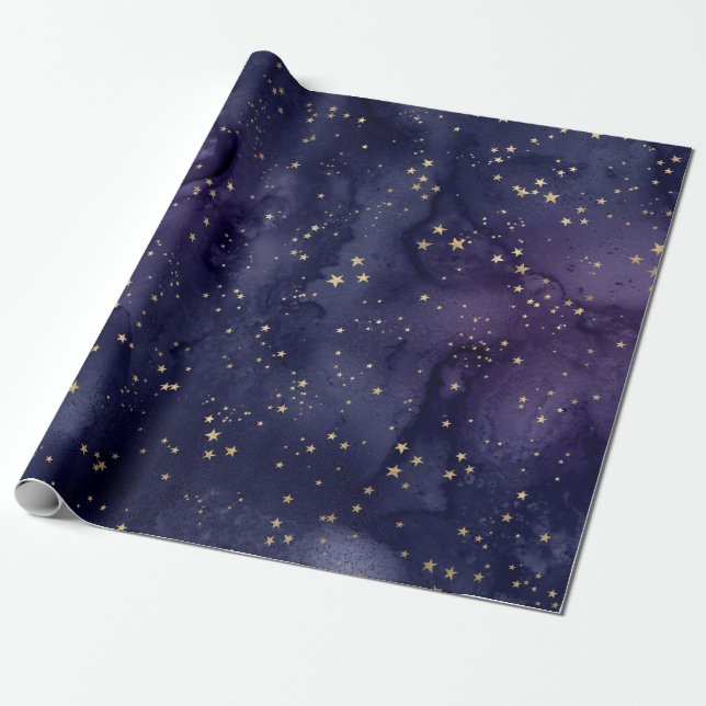 Papier Cadeau Galaxie violette et bleue avec étoiles (Déroulé)