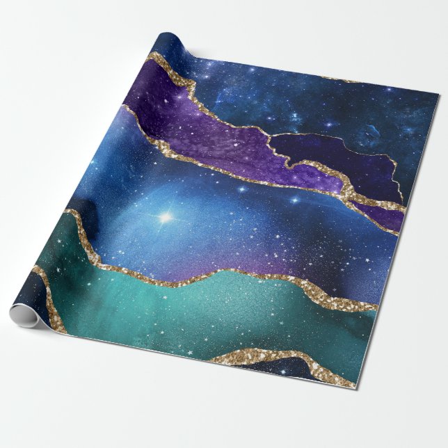 Papier Cadeau Galaxy rose bleu violet Agate Faux or Parties scin (Déroulé)