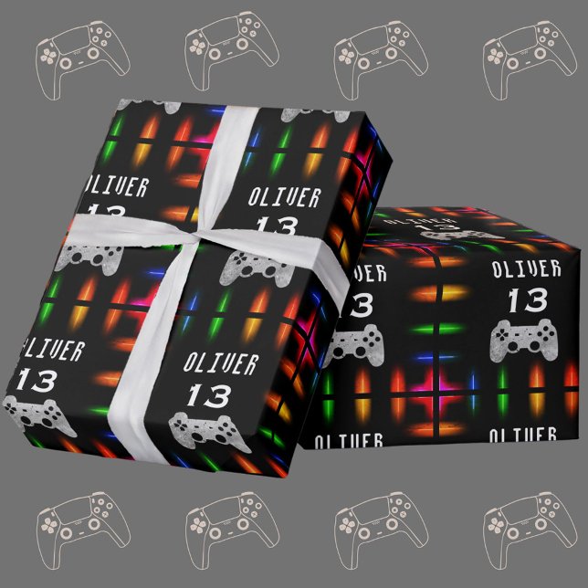 Papier Cadeau Gamer contrôleur de jeu vidéo Neon fête d'annivers (Créateur téléchargé)