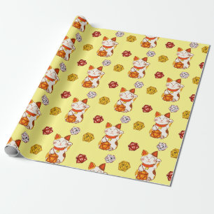 Papier Cadeau Gamer Maneki Neko Motif avec D20 Dice (Jaune)