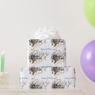 Papier Cadeau Gamme de notes de musique Fleurs aquarelles bleues