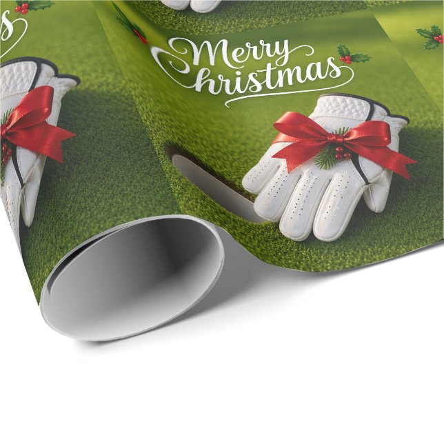 Papier Cadeau Gant de golf thème de Noël sur gazon vert (Coin rond)
