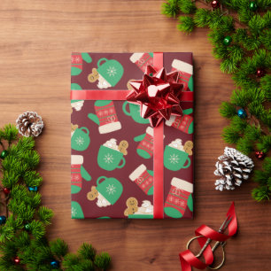 Papier Cadeau Gants de Noël et pain d'épice Latte rouge foncé