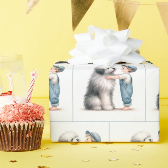 Papier Cadeau Garçon à l'aquarelle et son chien (Fête d'anniversaire)