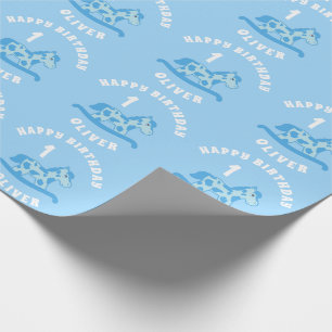 Papier Cadeau Garçon Anniversaire 1 an Cheval à Bascule Bleu Mig
