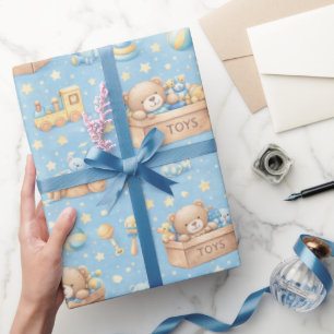 Papier Cadeau Garçon Bébé Bleu Boîte à Jouets Ours en Peluche Tr