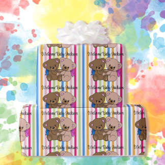 Papier Cadeau Garçon & Fille Nounours Nom du Baby shower Pink Bl