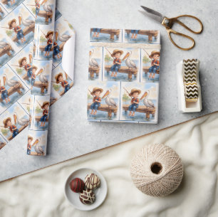 Papier Cadeau Garçon pêchant sur un quai avec un pélican