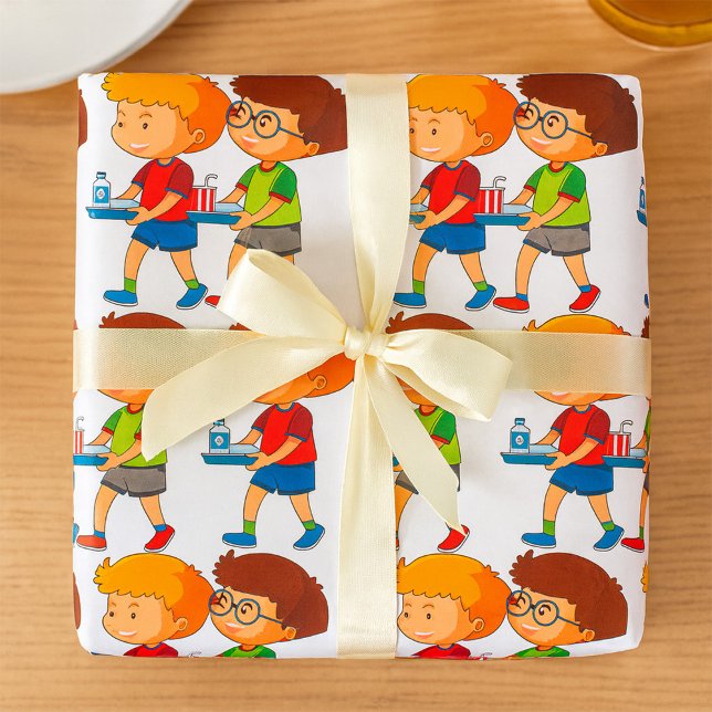 Papier Cadeau Garçons adorables transportant des plateaux alimen (Créateur téléchargé)