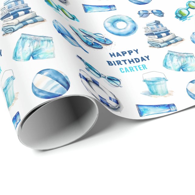 Papier Cadeau Garçons Anniversaire Cool Blue Été (Coin rond)