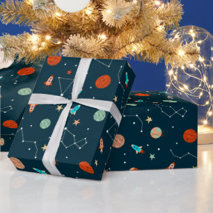 Papier Cadeau Garçons Fun Bleu Motif d'espace extra-atmosphéri