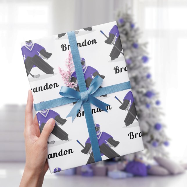 Papier Cadeau Garçons Joueur de hockey sur glace violet et nom S (Créateur téléchargé)