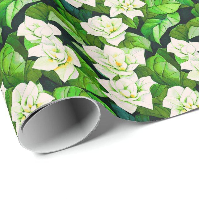 Papier Cadeau Gardenias blanches et Feuilles verts de Jade (Coin rond)