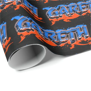 Papier Cadeau Gareth prénom nom Graffiti bleu orange