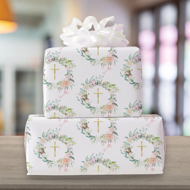 Papier Cadeau Garland Christian Gold Cross Roses Floral (Garland Christian Gold Cross Roses Floral Wrapping Paper)