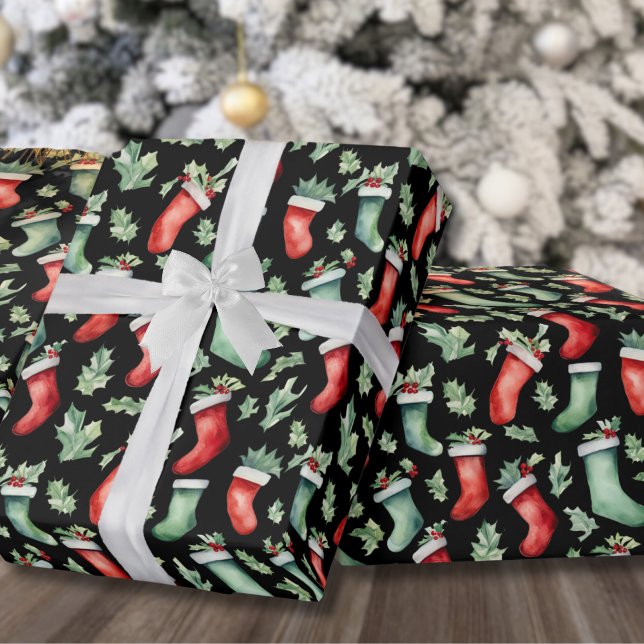 Papier Cadeau Garnir le sapin de Noël (Festive Holiday Holly Stocking Christmas Wrapping Paper)