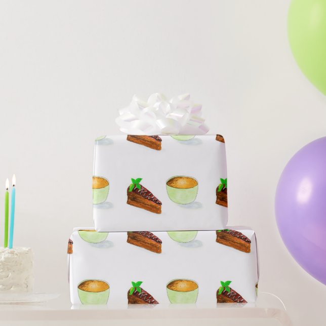 Papier Cadeau Gâteau au Chocolat à l'Aquarelle Avec Café (Cadeaux de fête)