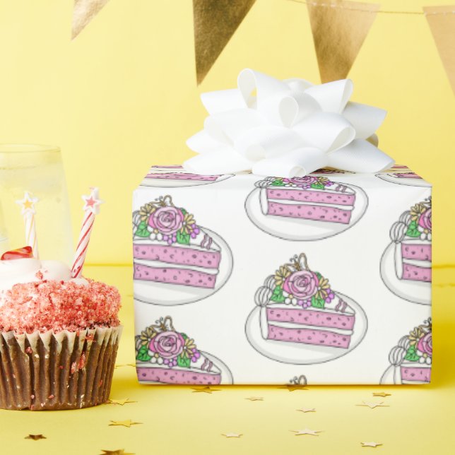 Papier Cadeau Gâteau avec Fleurs et Papillons (Fête d'anniversaire)