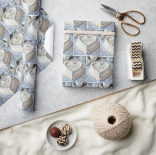 Papier Cadeau Gâteau cœur blanc pour fiançailles
