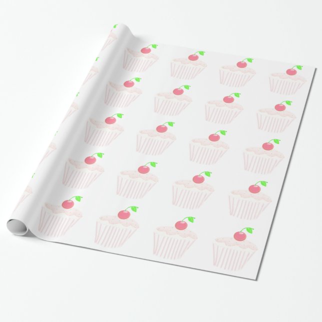 Papier Cadeau Gâteau Cupcake Rose Clair avec Cerise sur le Dessu (Déroulé)