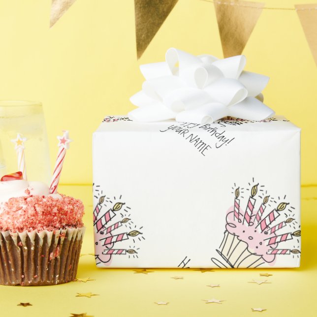 Papier Cadeau Gâteau cupcake rose personnalisé avec dessin de bo (Fête d'anniversaire)