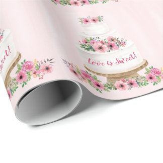 Papier Cadeau Gâteau Mariage rose Aquarelle