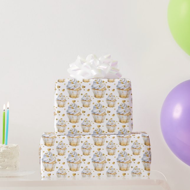 Papier Cadeau Gâteaux Cupcakes Cœurs D'or Anniversaire (Cadeaux de fête)