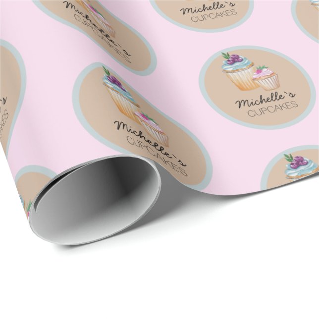 Papier Cadeau Gâteaux et fruits aquarelle rose (Coin rond)