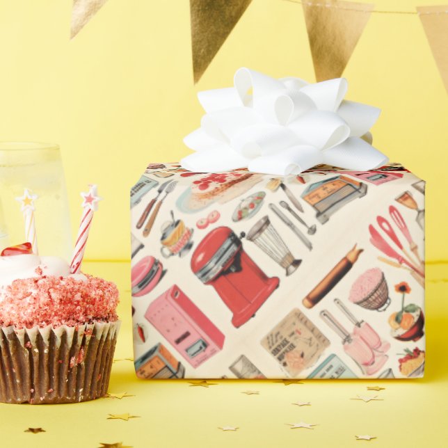 Papier Cadeau Gâteaux et outils de cuisine rétro (Fête d'anniversaire)