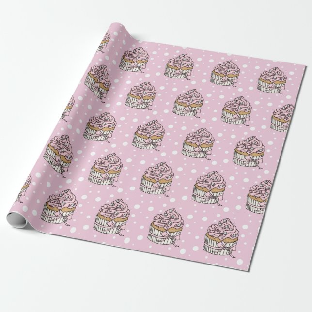 Papier Cadeau Gâteaux roses et argent à pois (Déroulé)