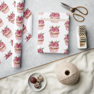 Papier Cadeau Gâteaux roses floraux roses anniversaire