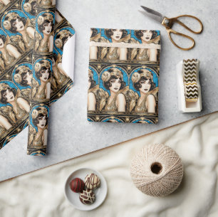 Papier Cadeau Gatsby la grande Flapper bleu or noir des années 2